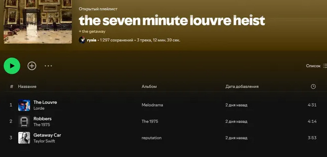 В Spotify появился плейлист "Семь минут на ограбление Лувра"