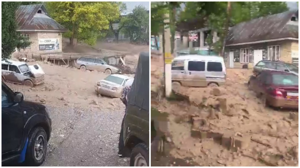 В Арстанбапе крупный сель уносит автомобили (видео)