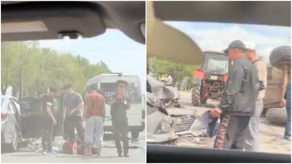 По дороге в аэропорт "Манас" трактор столкнулся с Hyundai Sonata (видео)